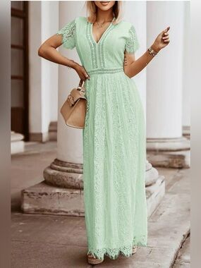 Merokeety Women’s V Neck Short Sleeve Floral Lace A Line Boho Dress
